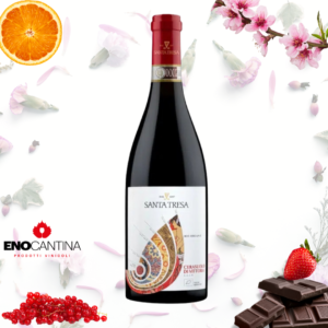 Bottiglia di Cerasuolo di Vittoria Santa Tresa, vino rosso siciliano DOCG, colore rosso ciliegia intenso, profumi fruttati e morbidi, ideale con pasta al ragù e carni